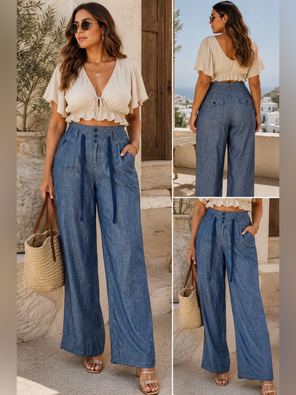 Next Tencel Linen Wide Leg Chambray Drawstring Trousers Size 16L